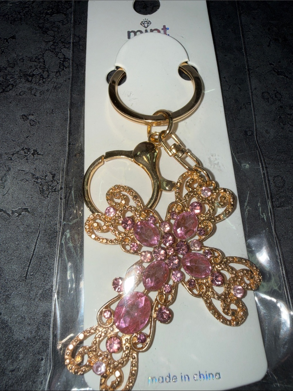 Mint Gold-Tone Keychain with Pink Jeweled Butterfly Charm